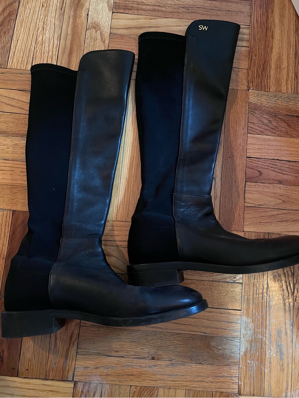 Stuart Weitzman Black Tall Leather & Stretch Riding Boots